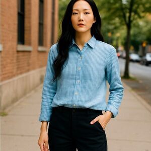 J.Jill Love Linen line Blue & White Striped Long-Sleeve Blouse - XL